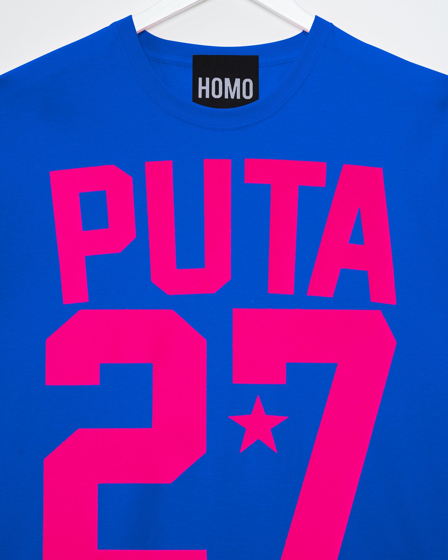 Sports jersey PUTA 27 - fluorescent pink flock on blue sleeveless cropped tshirt