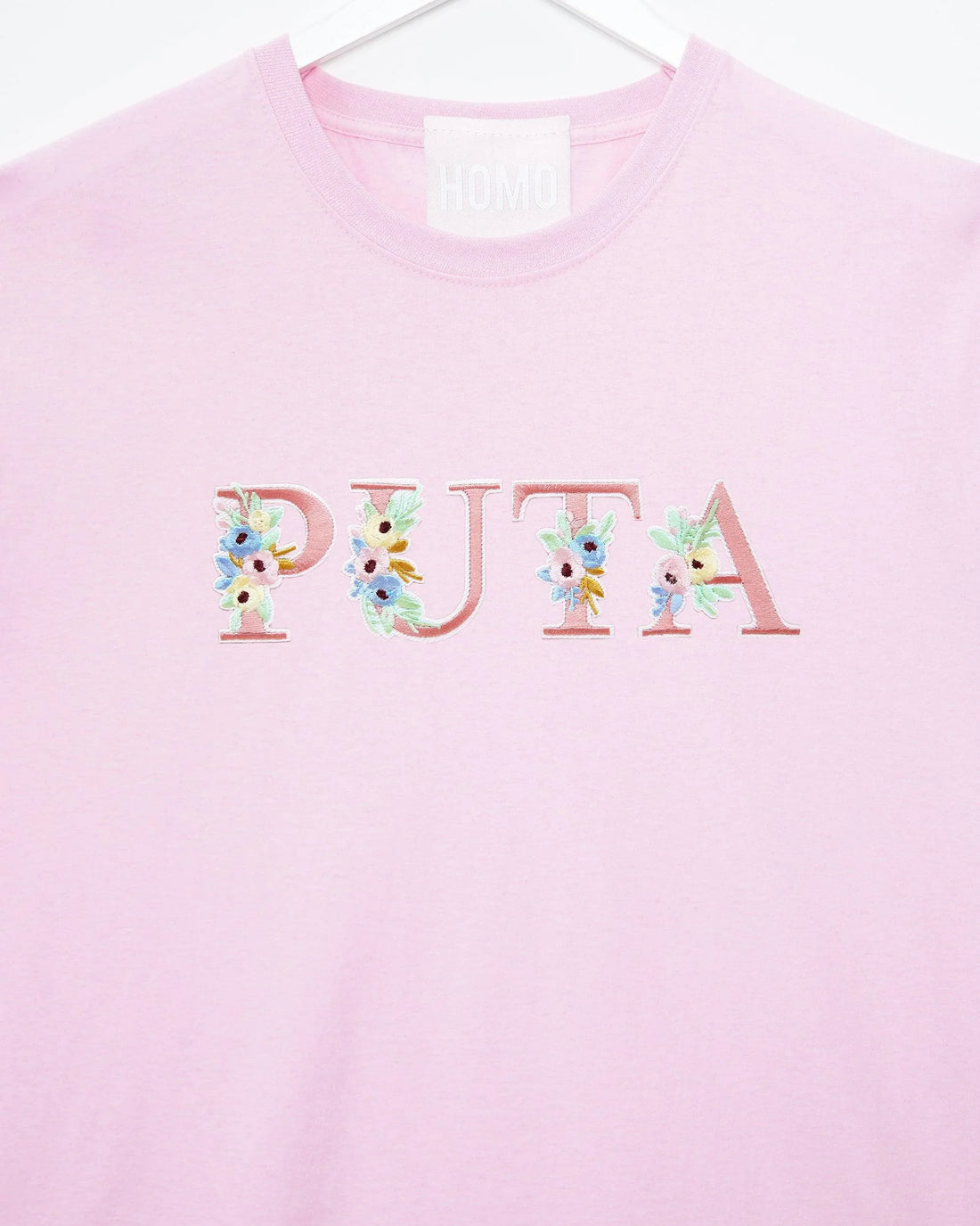 Floral style puta embroidery on pink - tee - HOMOLONDON