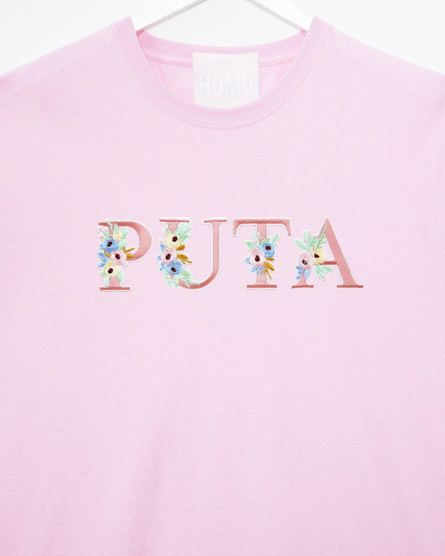 Floral style puta embroidery on pink - tee - HOMOLONDON