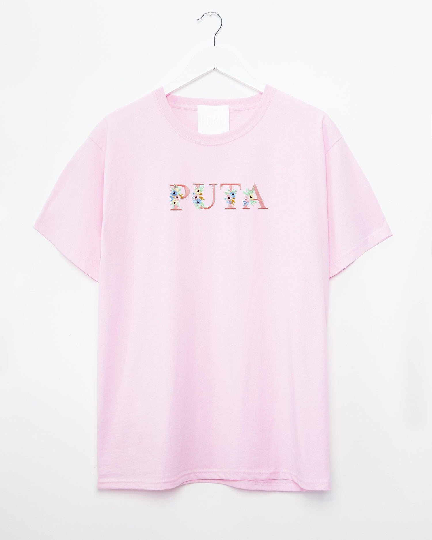 Floral style puta embroidery on pink - tee - HOMOLONDON