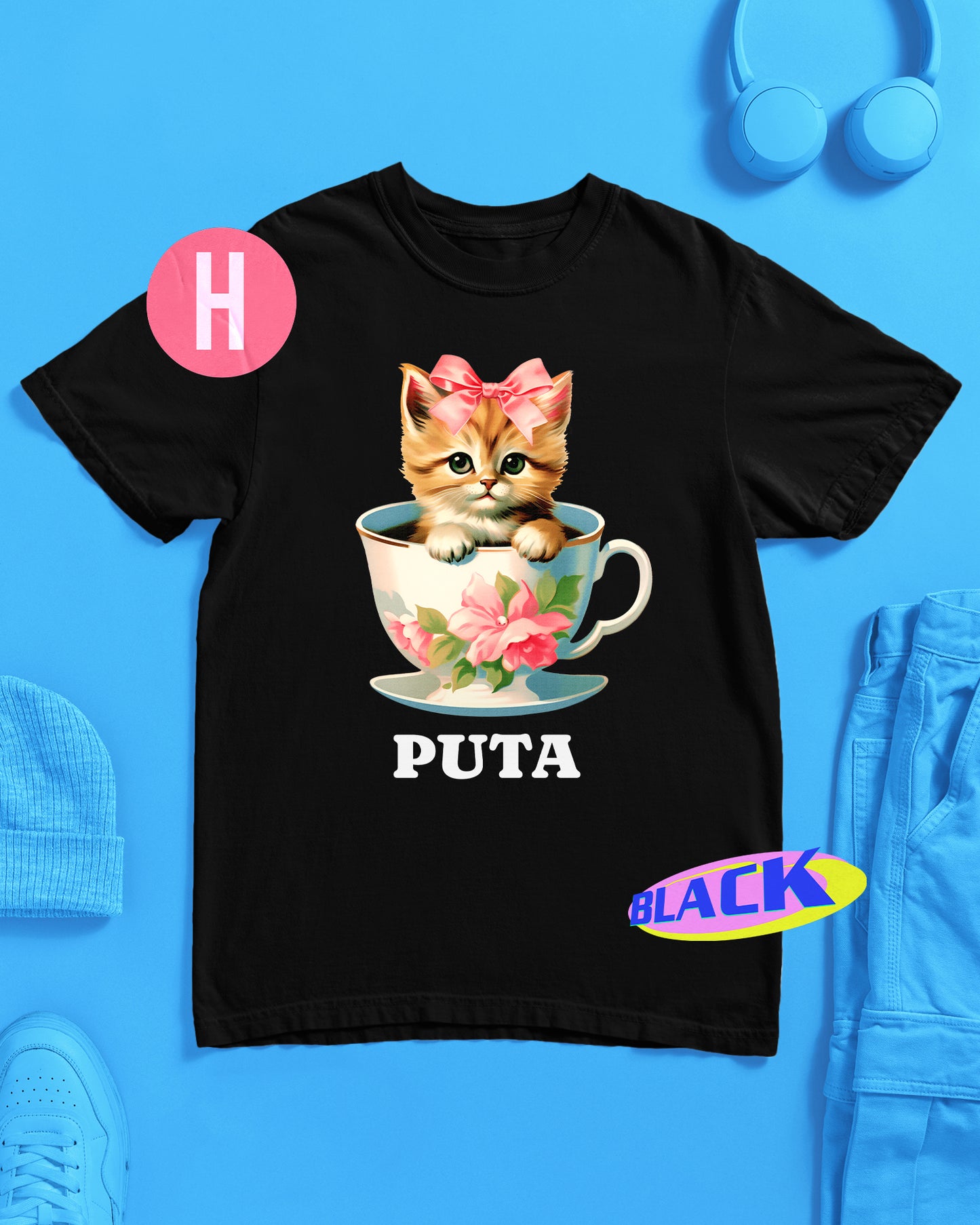 Puta kitten in a tea cup on black - tee