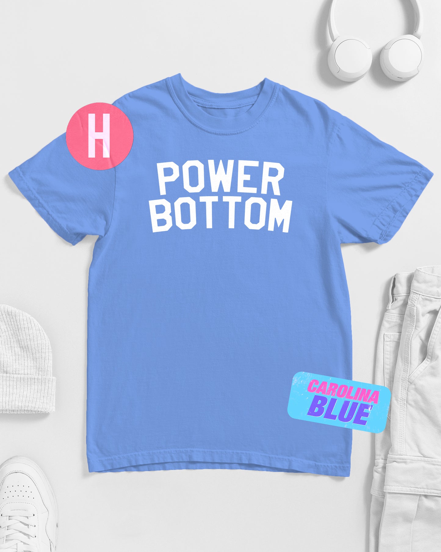 Power bottom bold stand out slogan, white flock on blue - tee