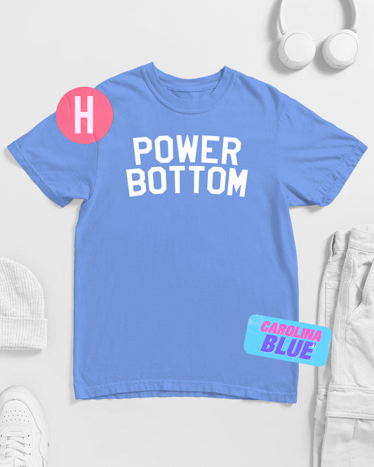Power bottom bold stand out slogan, white flock on blue - tee