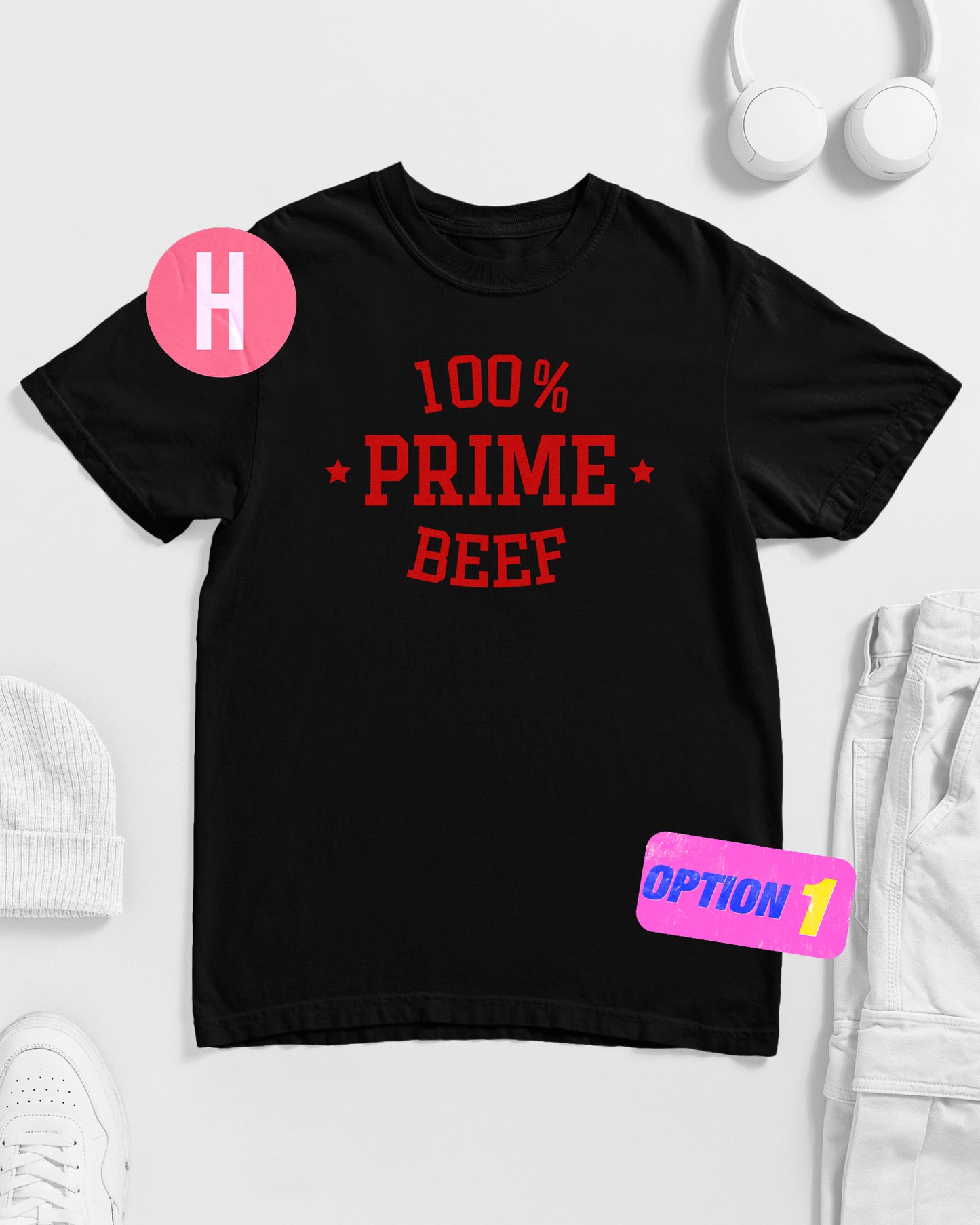 Prime beef, red flock on black - tee