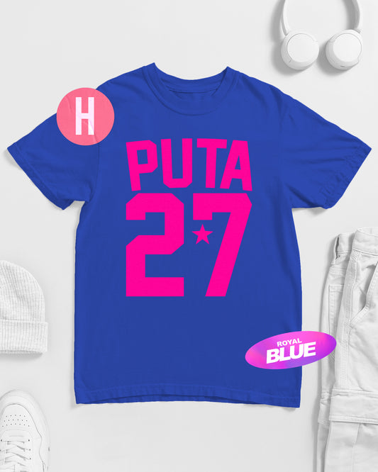 Gay sports inspired PUTA 27 slogan, fluorescent pink on blue - tee