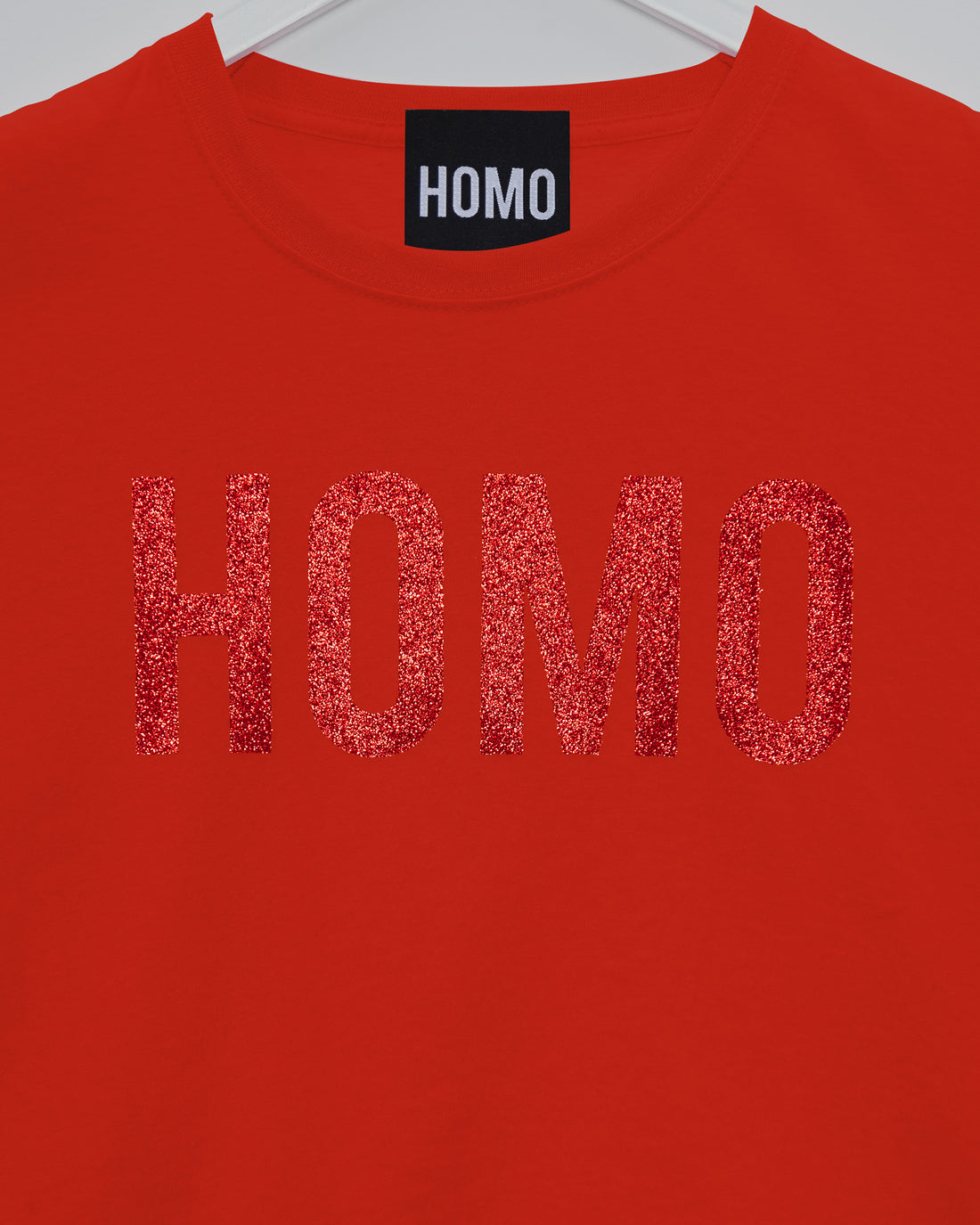 HOMO Logo, red glitter print on red - low cut cropped tee
