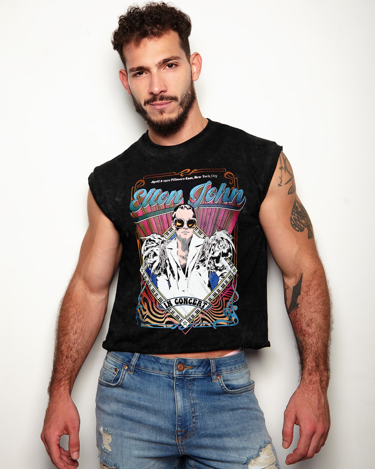Official Elton John: Psych Vintage, low cut cropped tee - stone washed black