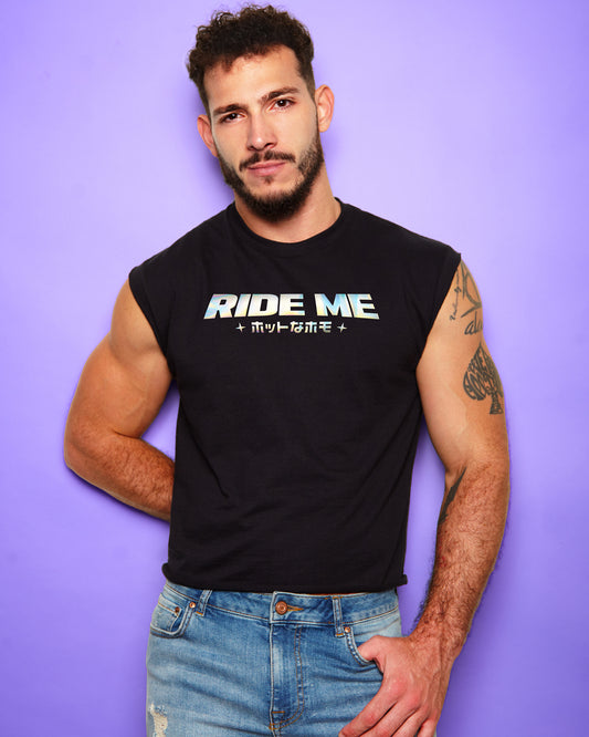 RIDE ME, hologram print low cut cropped tee - black