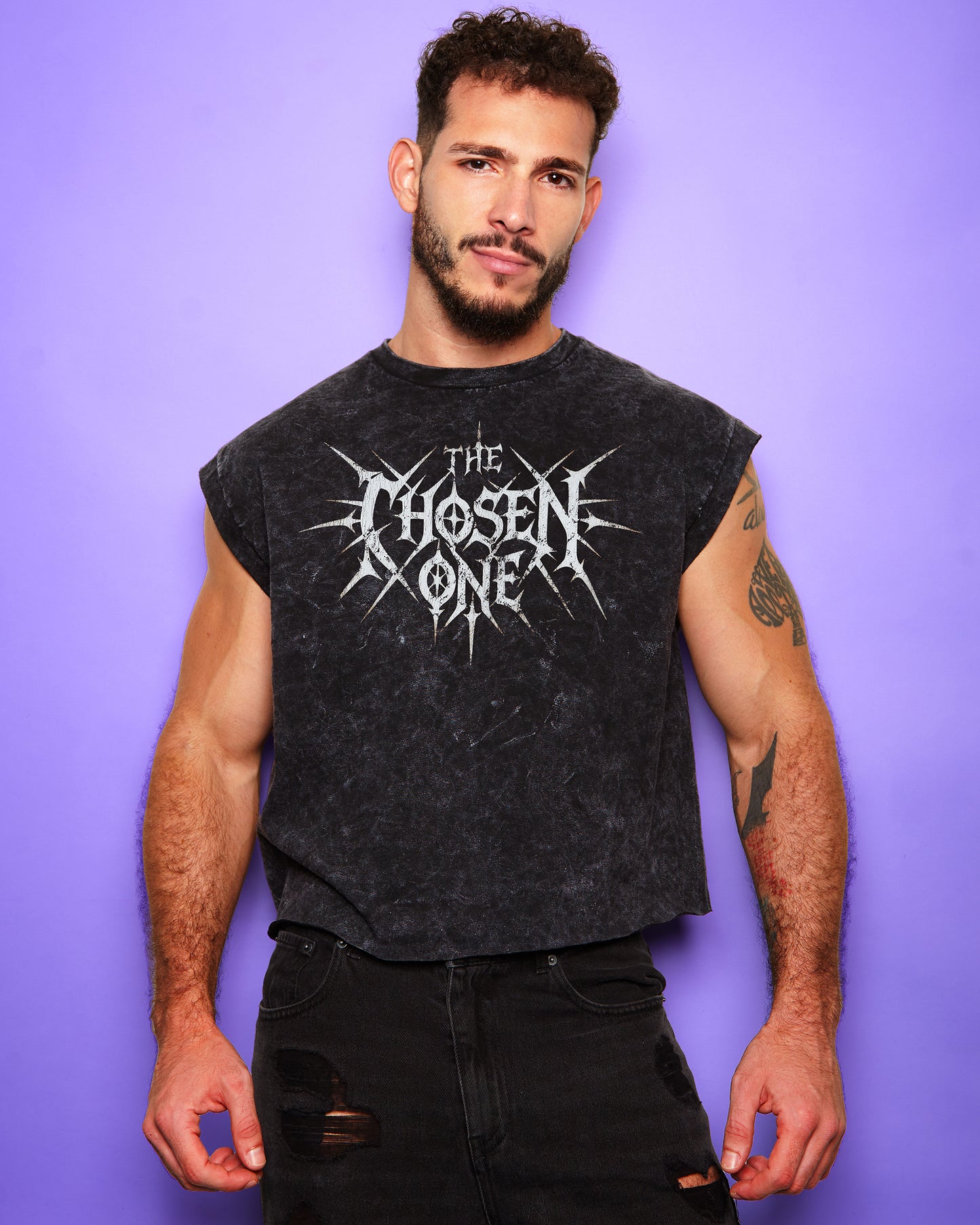 The Chosen One, stone wash low cut cropped tee - black