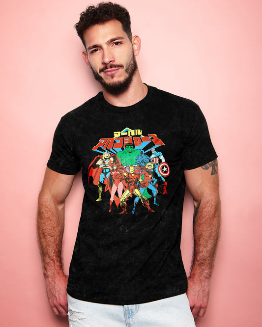 Official Marvel Comics, Avengers Japanese on stone wash tshirt - black