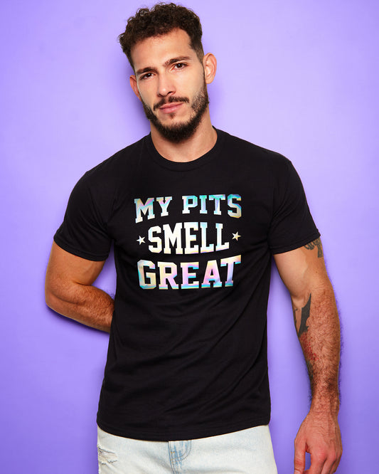 MY PITS SMELL GREAT, hologram print tee - black