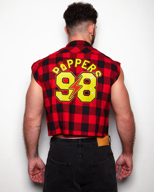 P*ppers 98 sports jersey style on checked flannel cropped shirt - Red and black