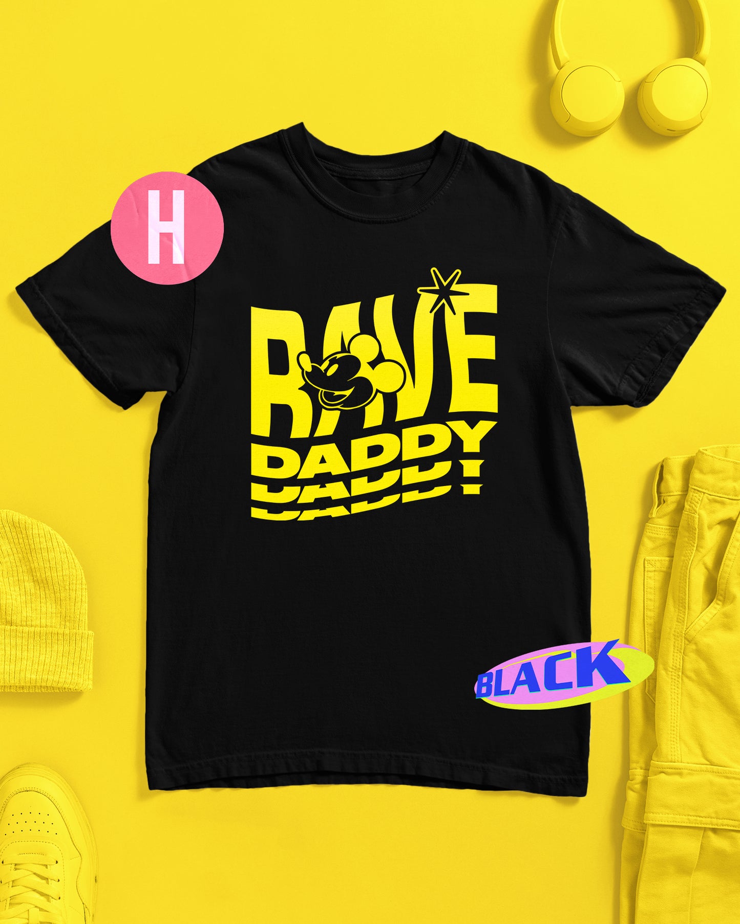 Rave daddy slogan, fluorescent yellow flock on black - tee