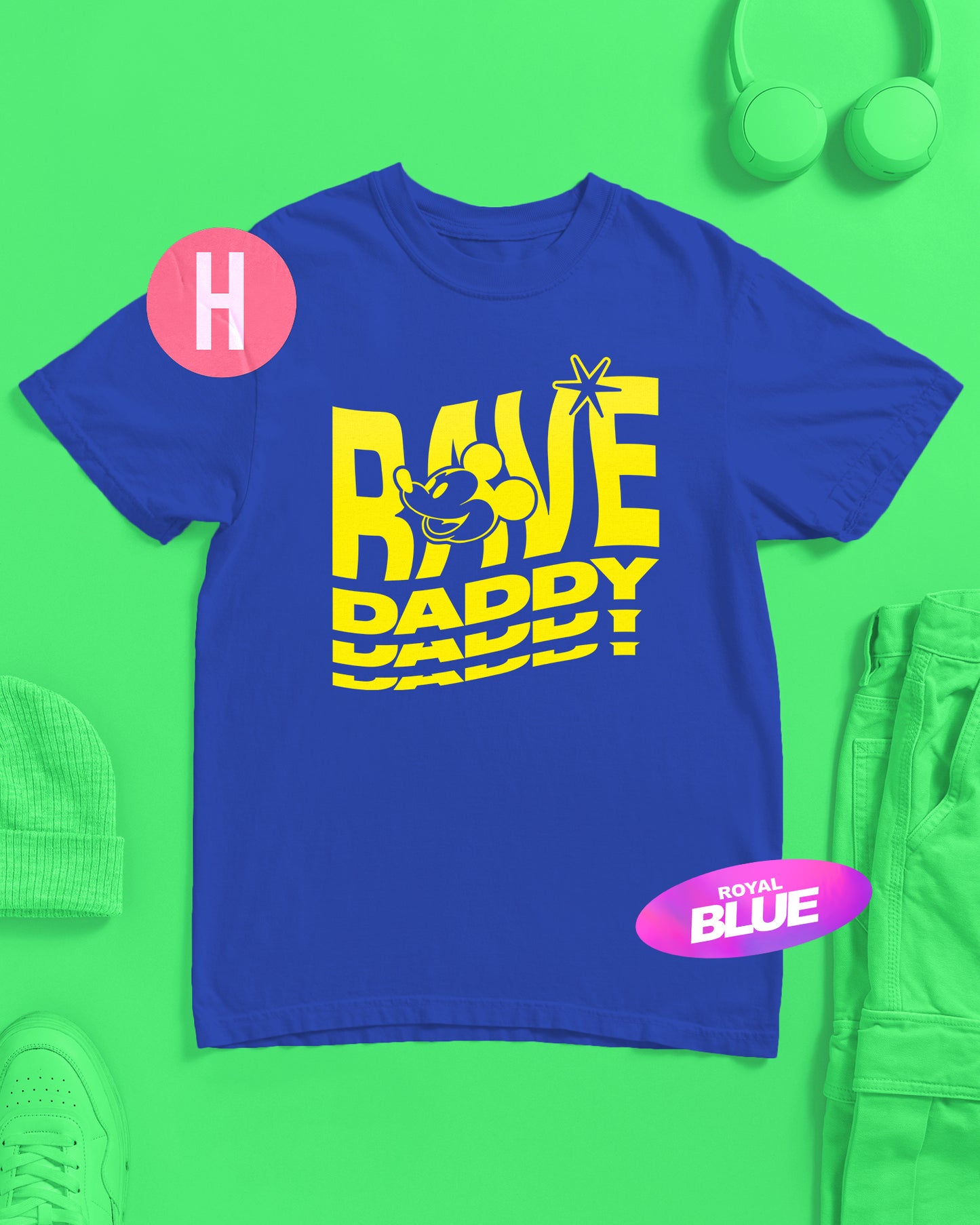 Rave daddy slogan, fluorescent yellow flock on blue - tee