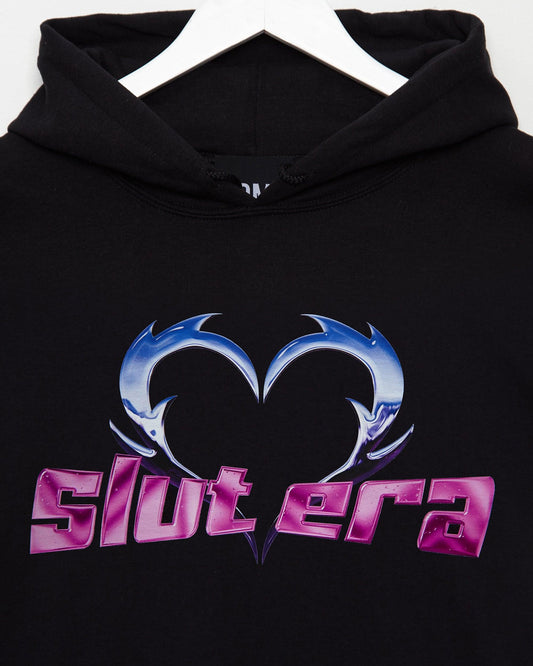 Chrome Y2K: SLUT ERA, chrome and pink on black - pullover hoodie.