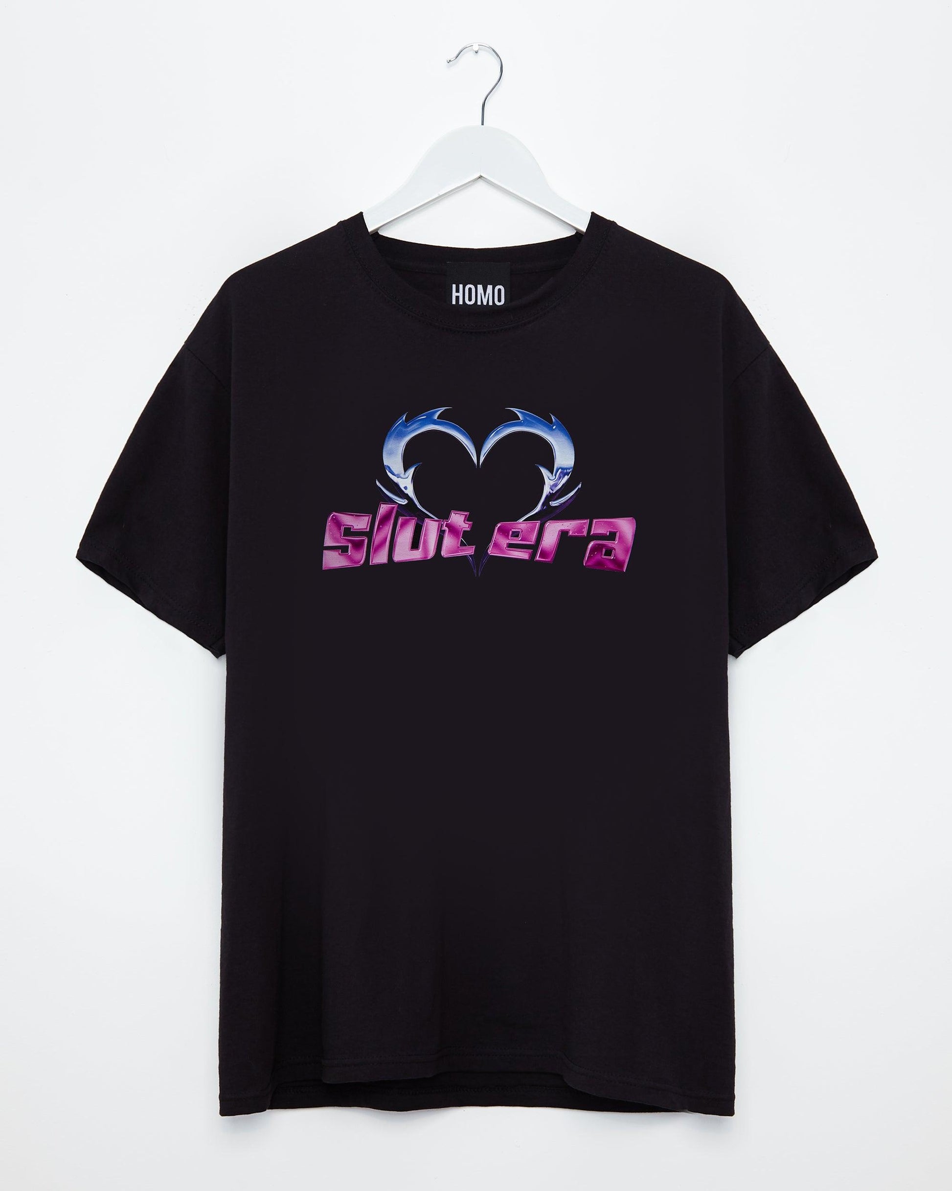 Chrome Y2K: SLUT ERA, chrome and pink on black - tee - HOMOLONDON