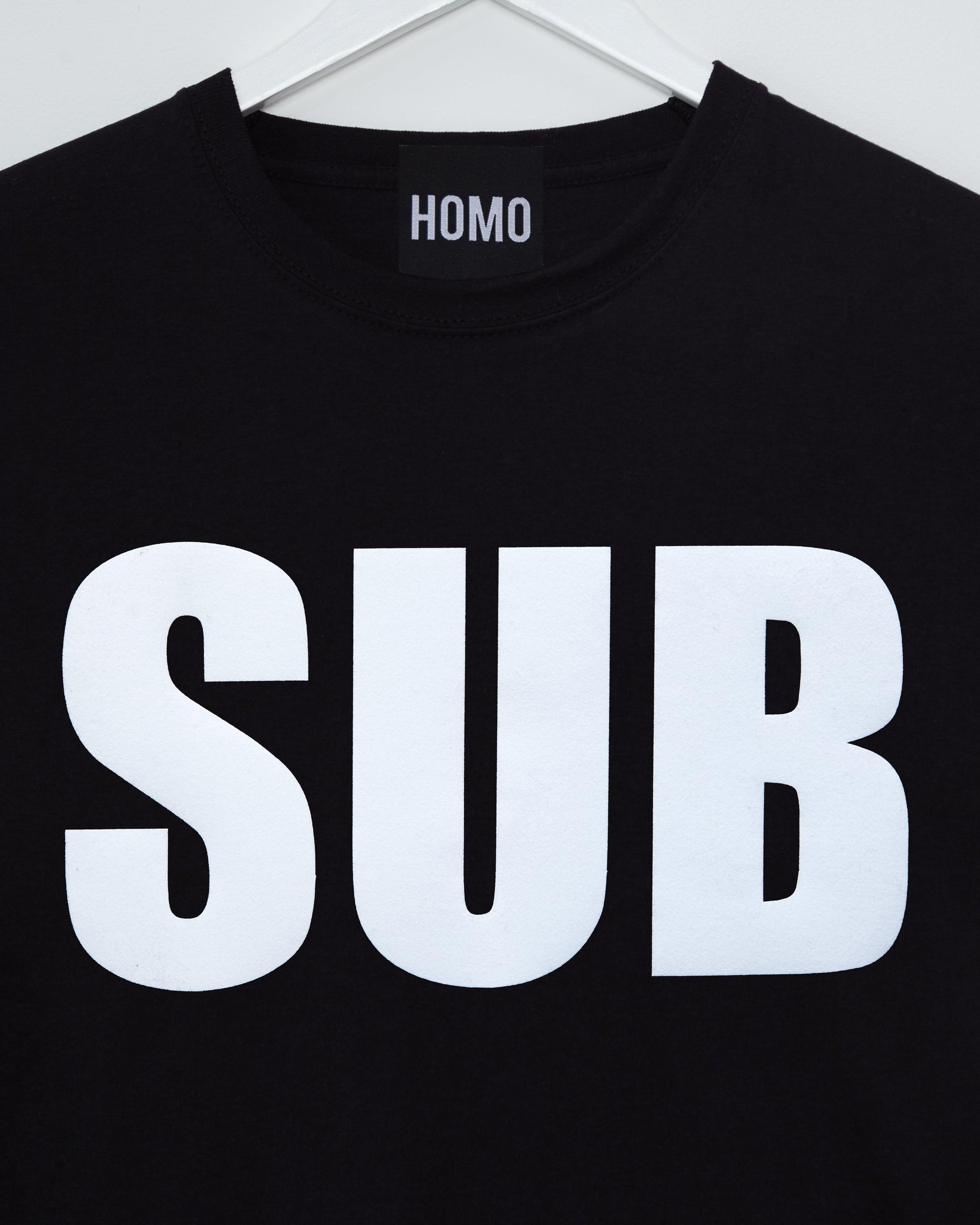 Explore Your Submissive Side with SUB: White Flock Print on Black Men's Tshirt - HOMOLONDON