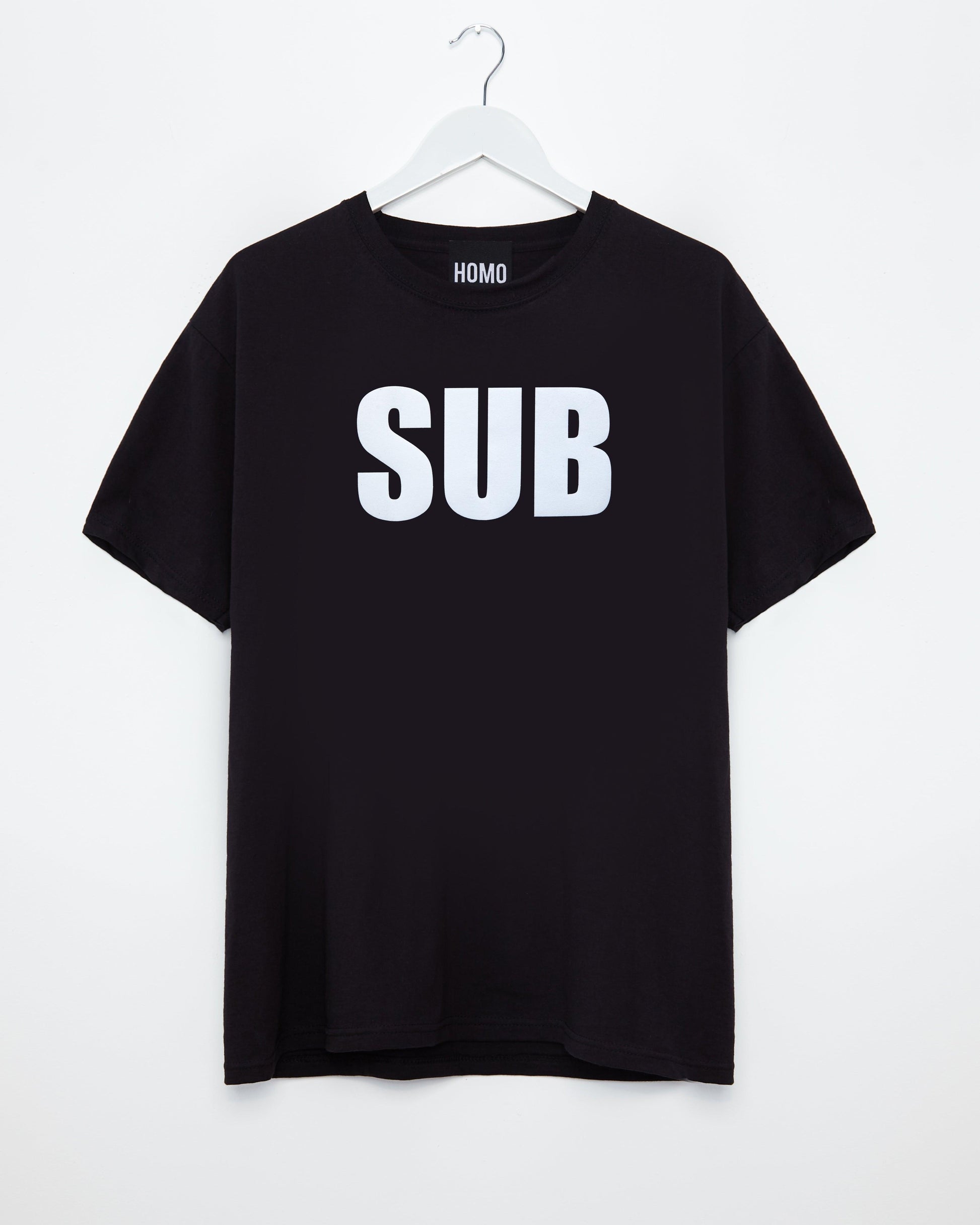 Explore Your Submissive Side with SUB: White Flock Print on Black Men's Tshirt - HOMOLONDON