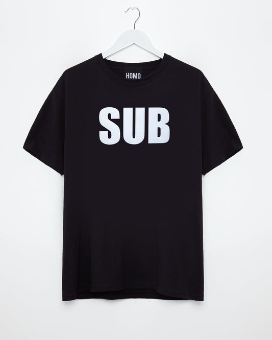 Explore Your Submissive Side with SUB: White Flock Print on Black Men's Tshirt - HOMOLONDON