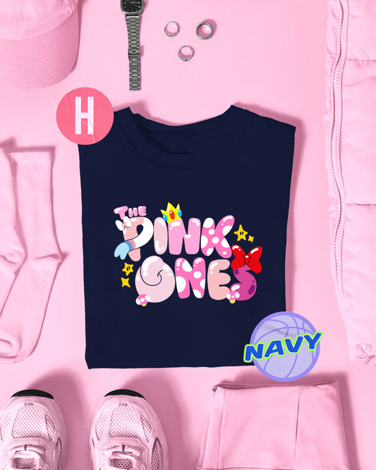 Retro video game inspired slogan, The Pink ones on navy - tee