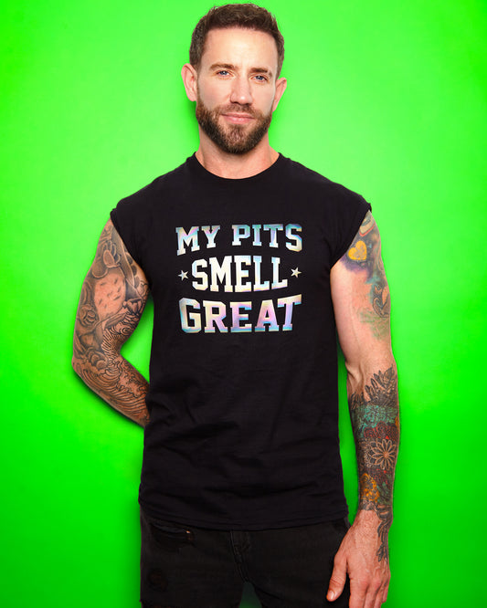 MY PITS SMELL GREAT, hologram print sleeveless tee - black
