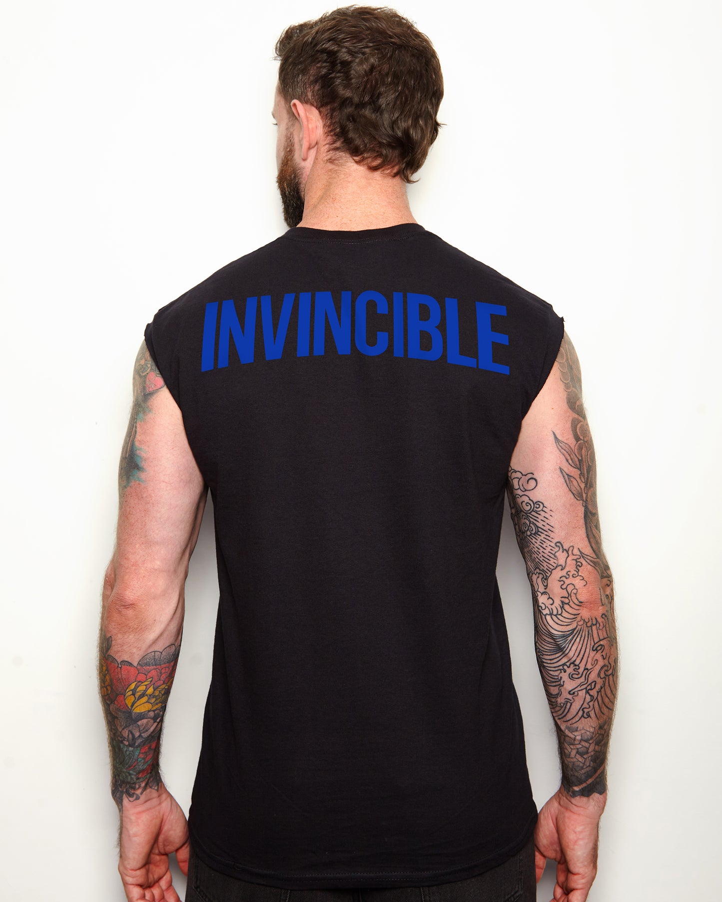 NXS021: INVINCIBLE sleeveless t-shirt - blue/black (front & back print)