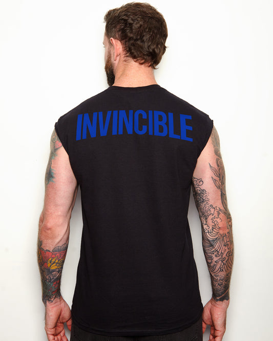 NXS021: INVINCIBLE sleeveless t-shirt - blue/black (front & back print)