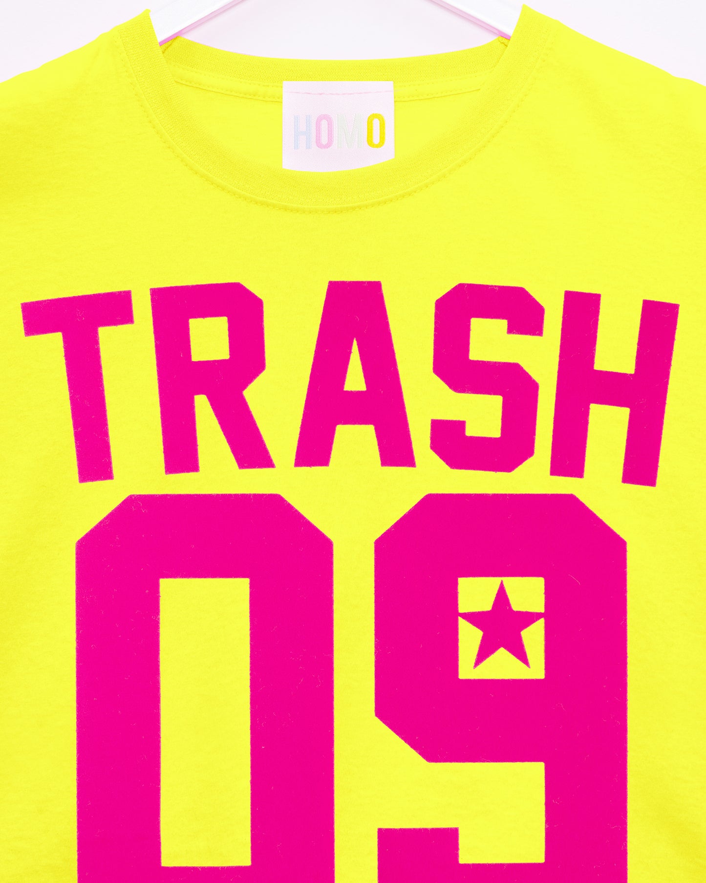 Sports jersey TRASH 09 - fluorescent pink flock on fluorescent yellow sleeveless cropped tshirt