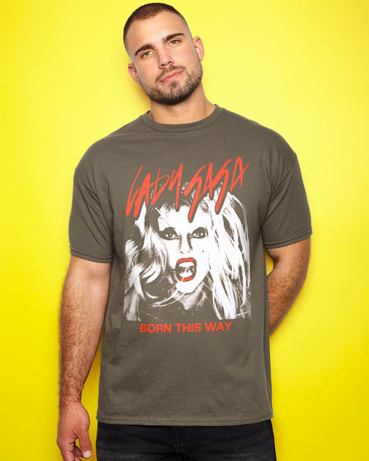 Man wearing a t-shirt with a  Lady Gaga "Born This Way" graphic on a yellow background