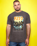 Man wearing a  KISS destroyer, charcoal stone wash - tshirt against a yellow background