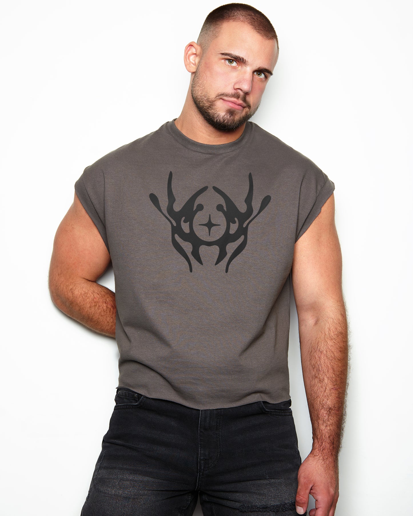 NXS023: ICON sleeveless low cut cropped tee - charcoal