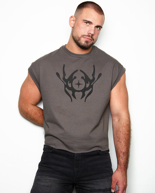 NXS023: ICON sleeveless low cut cropped tee - charcoal