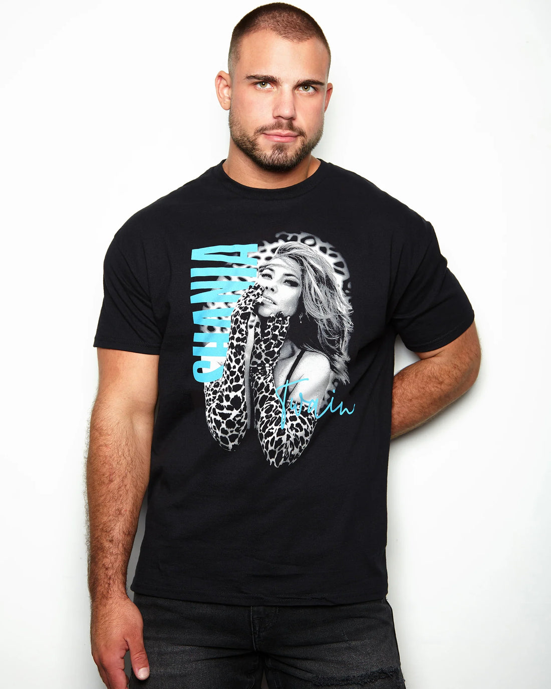 Man wearing a black t-shirt with Shania Twain 2018 tour (front & back print) on a white background