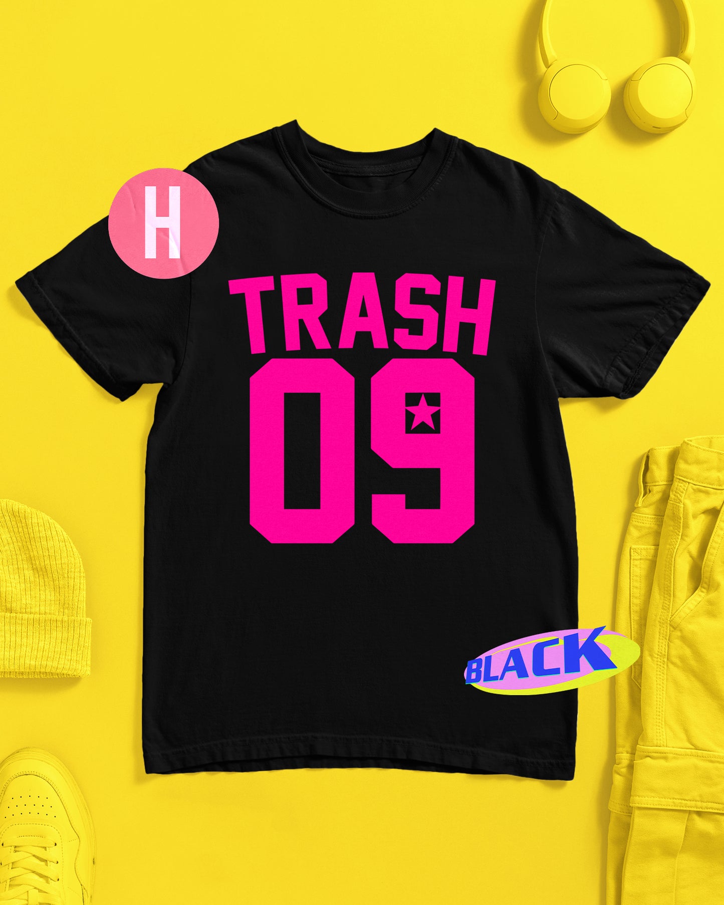 Gay sports inspired TRASH 09 slogan, fluorescent pink on black - tee