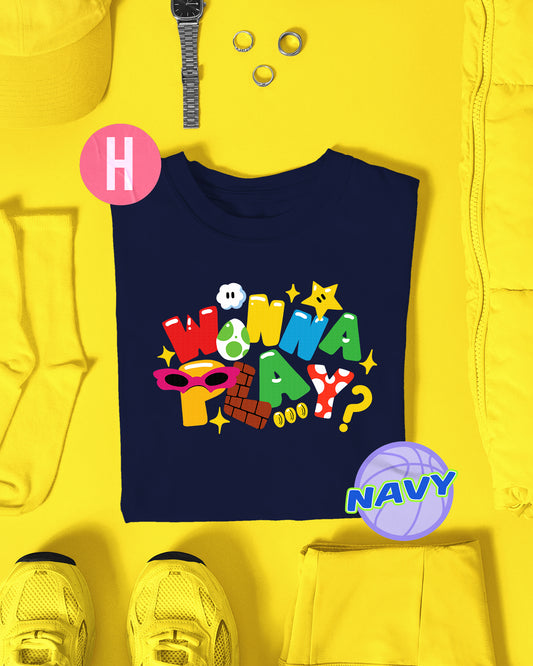 Gaymer retro video game inspired WANNA PLAY? Slogan, on navy - tee