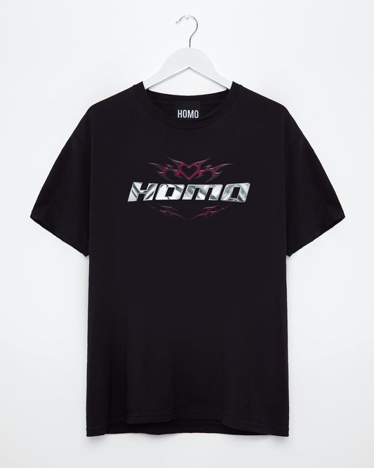 Chrome Y2K: HOMO, silver and pink on black - tee - HOMOLONDON