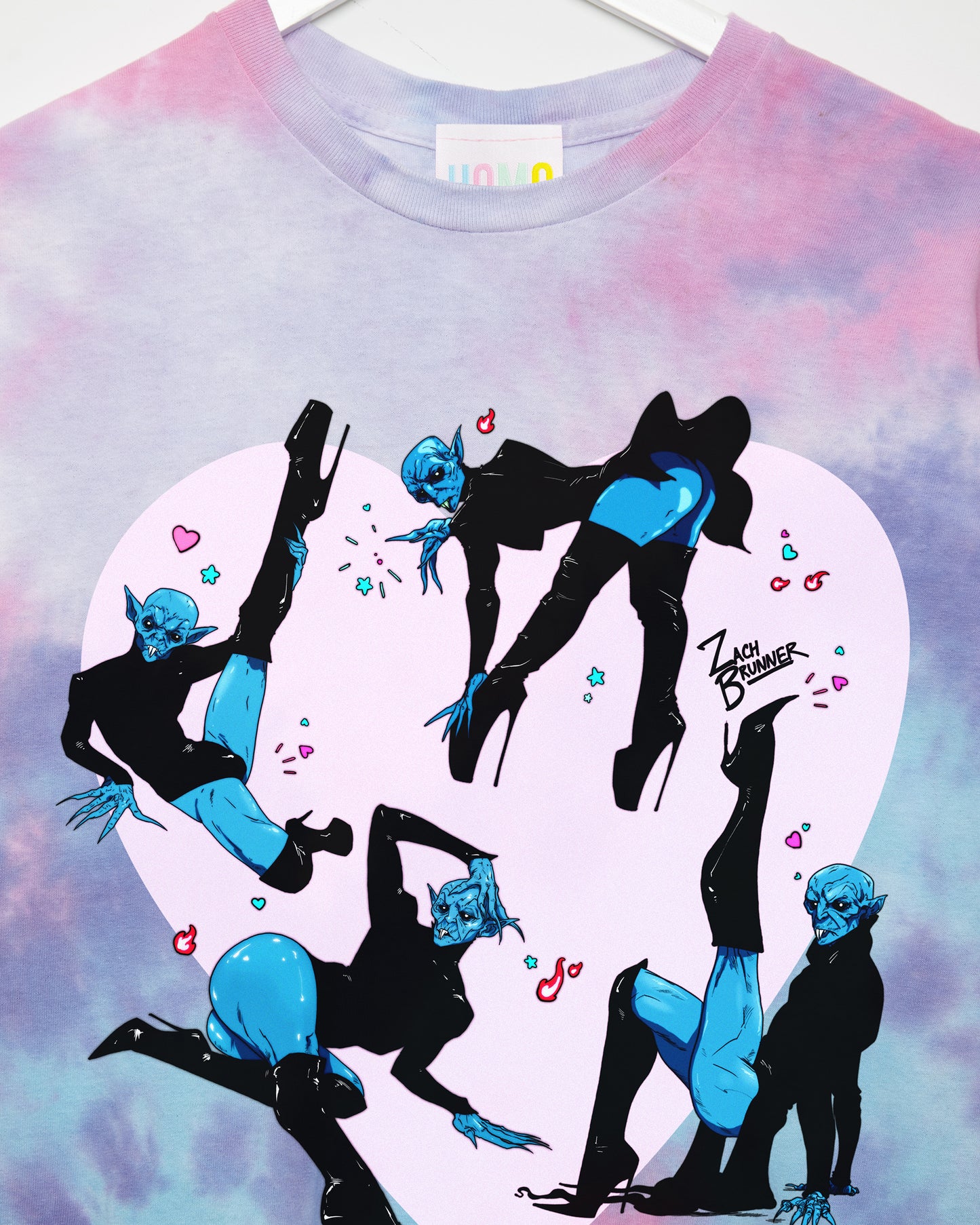 Demon core: Voguing Vampires on pink tie-dye, low cut crop top