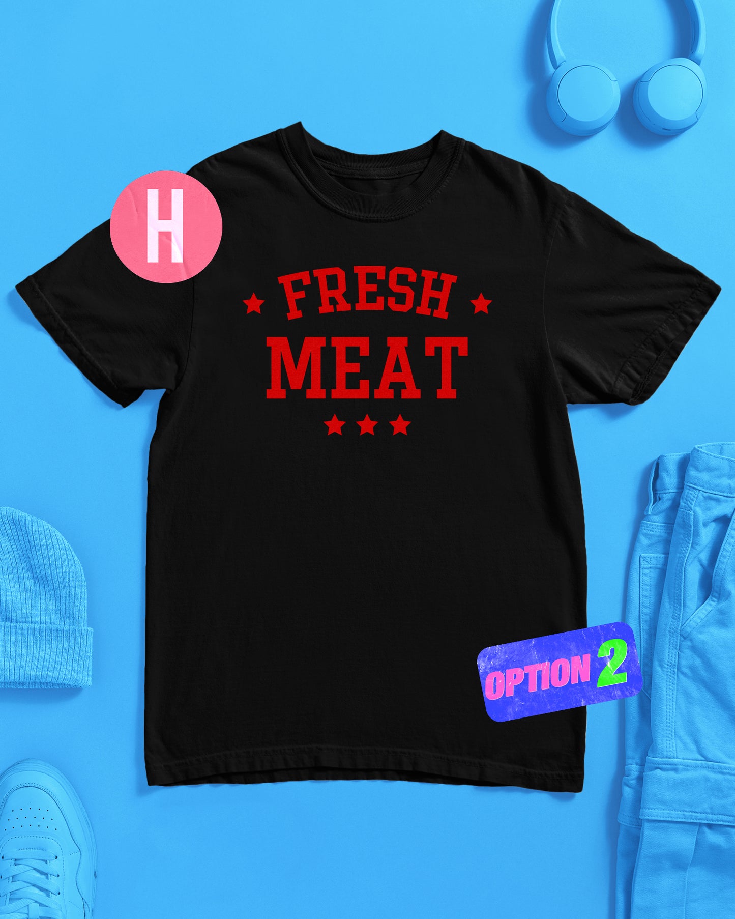 Fresh meat slogan, red flock on black - tee