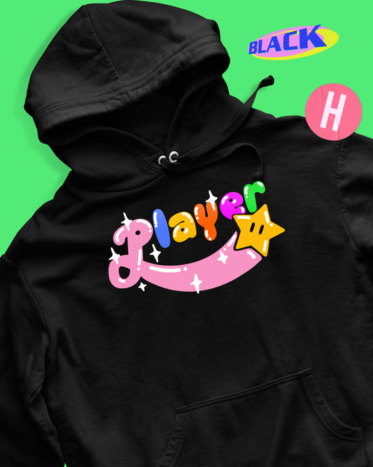 Player slogan retro video game inspired soft style hoodie - black