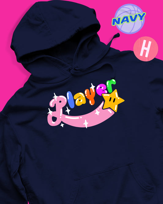 Player slogan retro video game inspired soft style hoodie - navy