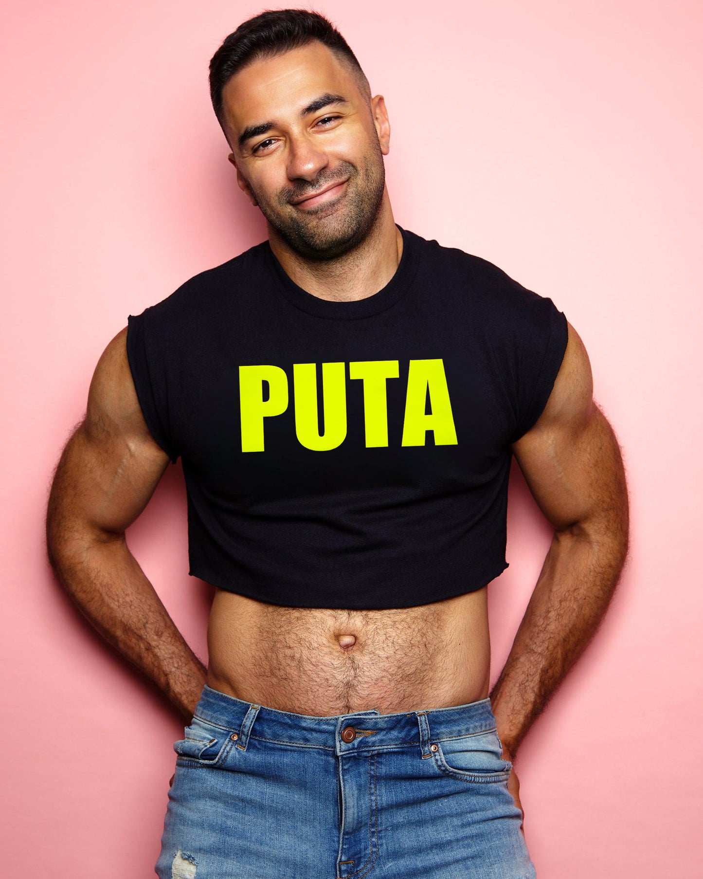 Puta in fluorescent on black - crop top