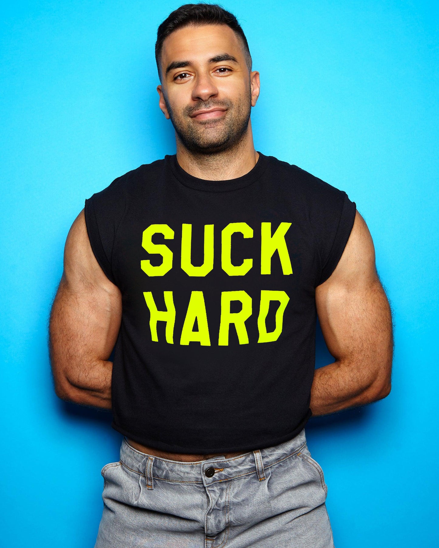 Suck hard in fluorescent yellow on black - tshirt crop / low cut crop