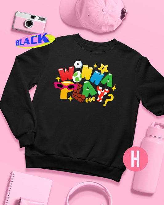 Retro video game inspired "Wanna Play" slogan soft style sweatshirt - Black