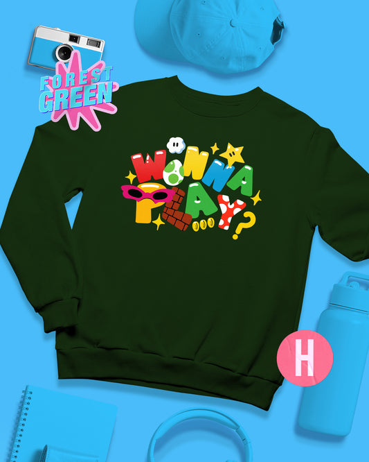 Retro video game inspired "Wanna Play" slogan soft style sweatshirt - Green
