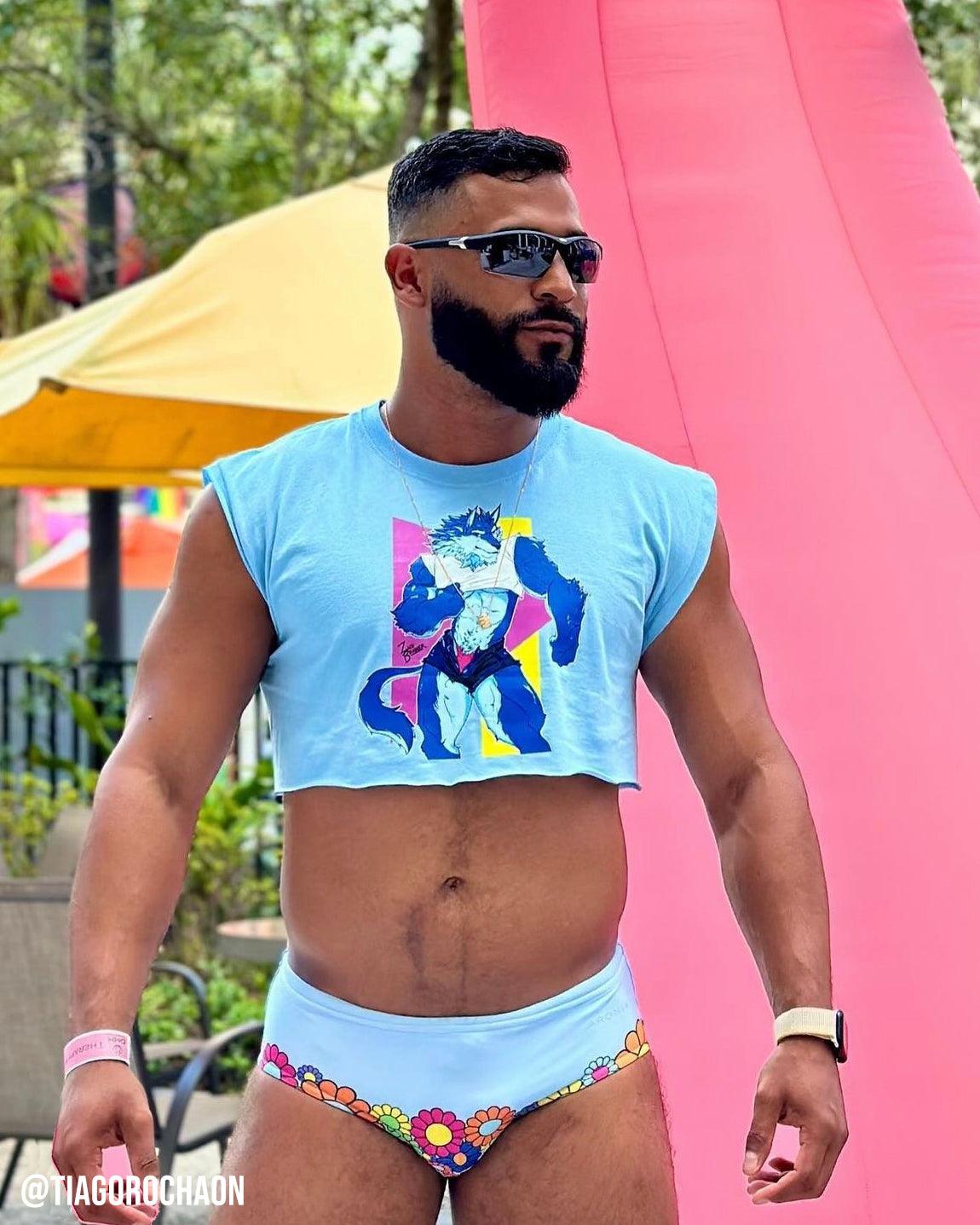 Magnus the wolf on blue - mens sleeveless crop top - HOMOLONDON