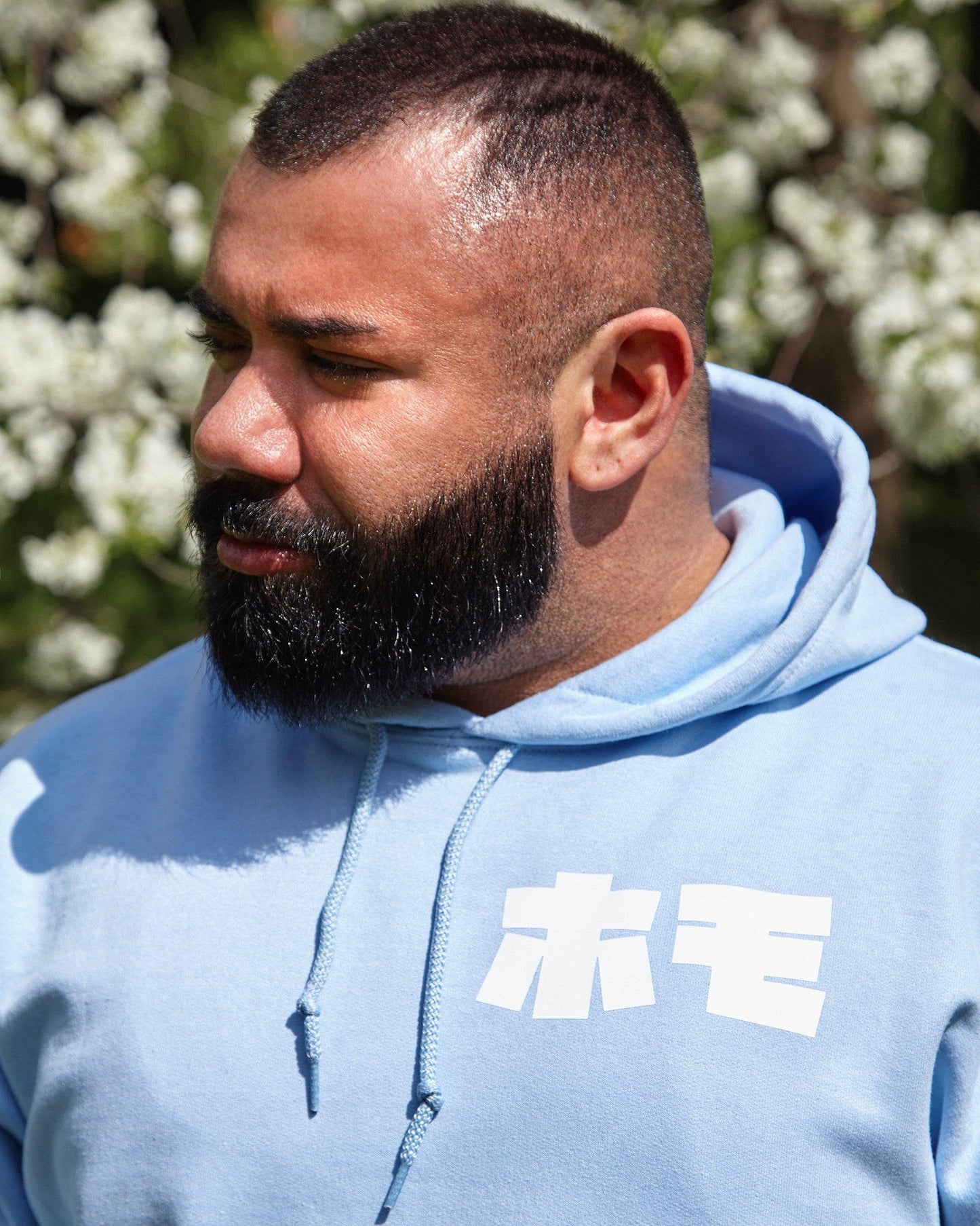 HOMO In Japanese, white on light blue - pullover hoodie.