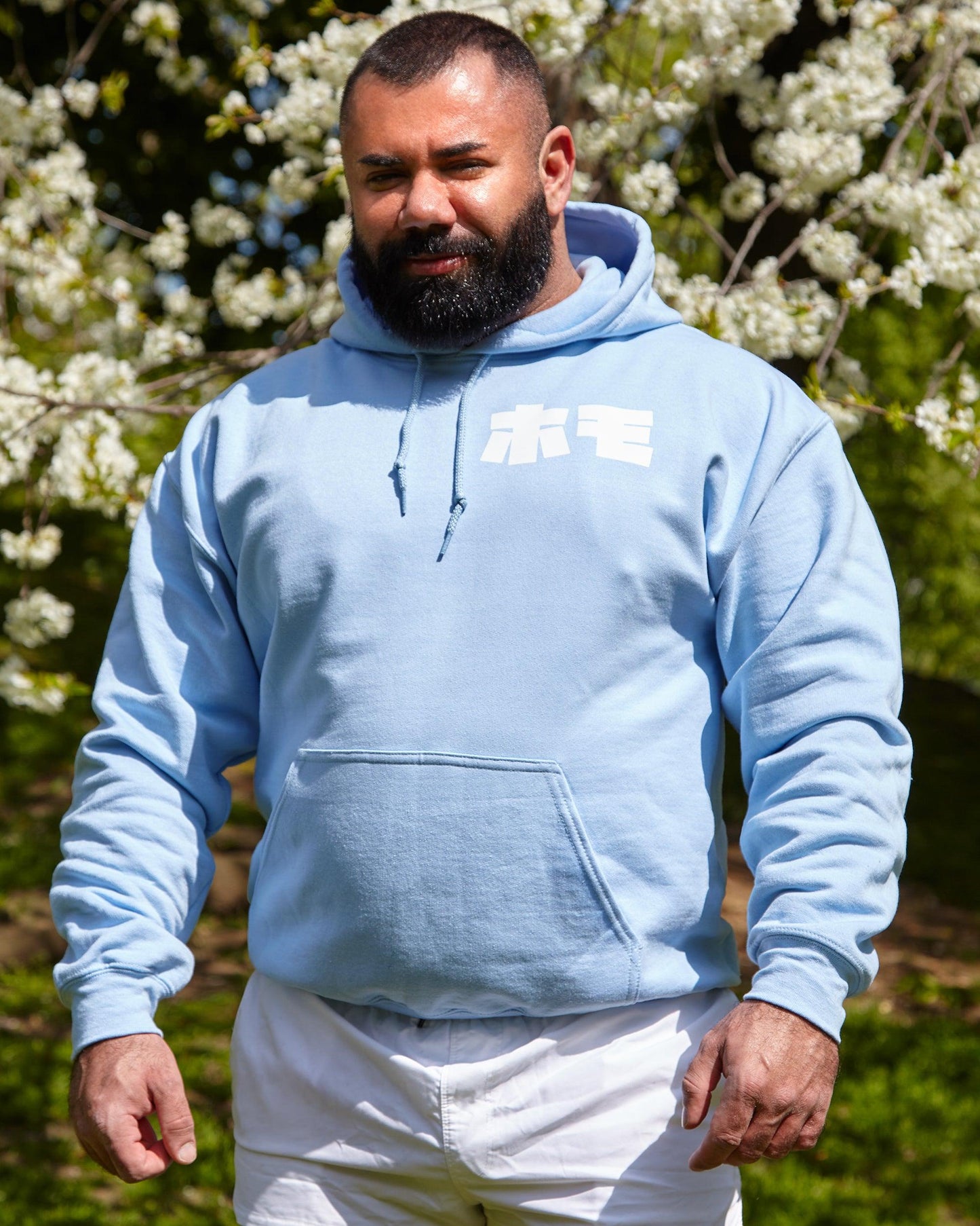 HOMO In Japanese, white on light blue - pullover hoodie.