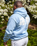 HOMO In Japanese, white on light blue - pullover hoodie. - HOMOLONDON