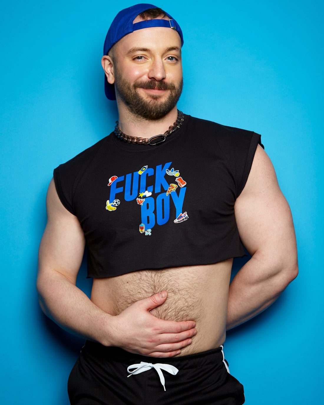 F-boy, blue on black - mens sleeveless crop top. - HOMOLONDON