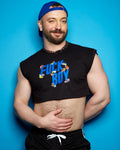 F-boy, blue on black - mens sleeveless crop top. - HOMOLONDON